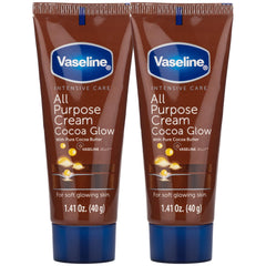 Vaseline Cocoa Glow travel cream two-pack for ultra-dry skin hydration on the go.