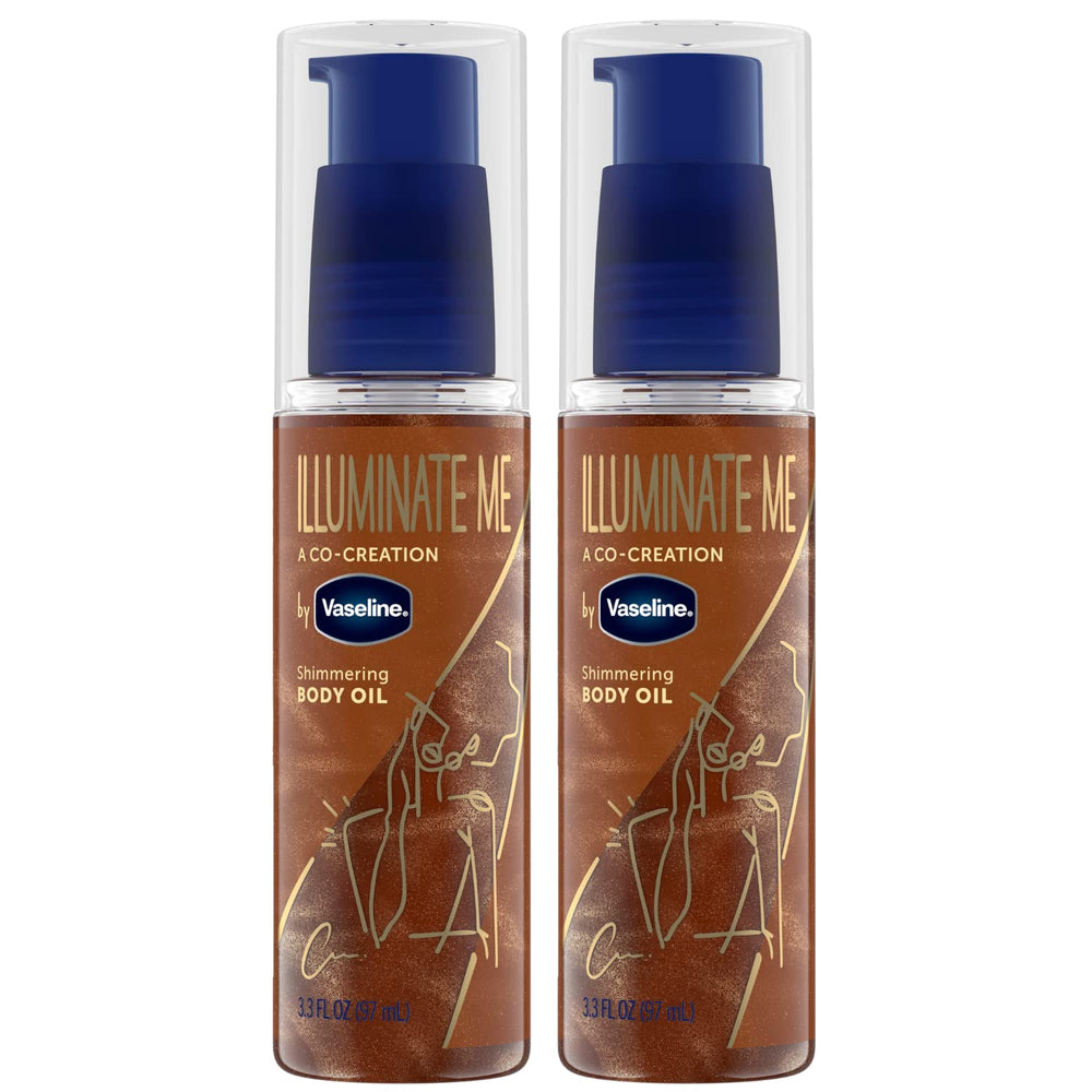 Vaseline Illuminate Me shimmering body oil bottle shows warm copper glow.