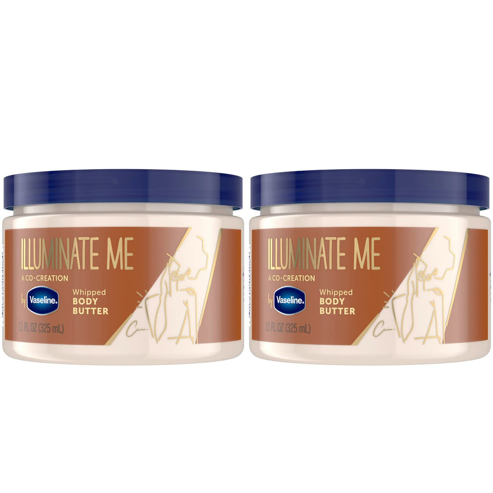 Vaseline Illuminate Me Whipped Butter 2-Pack packaging in a recyclable jar for daily hydration.