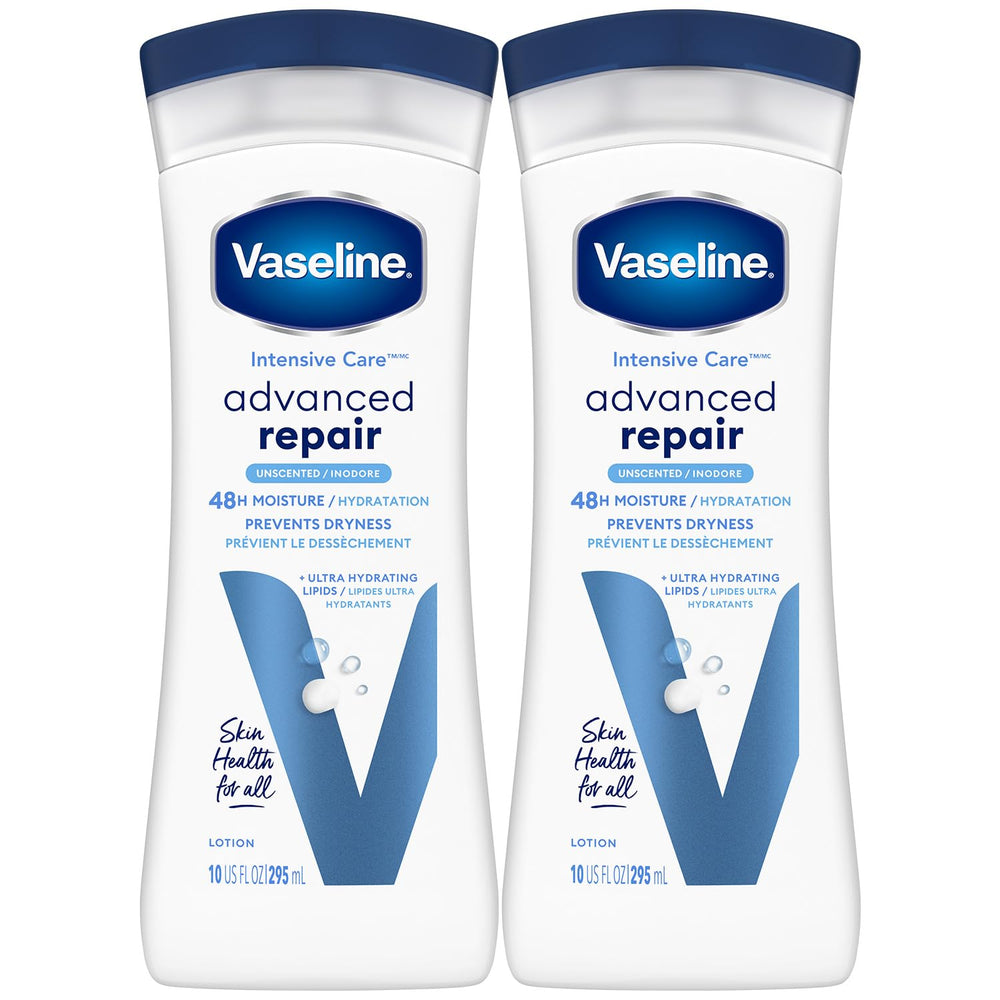 Vaseline Intensive Care Unscented 2-pack packshot showing deep hydration potential