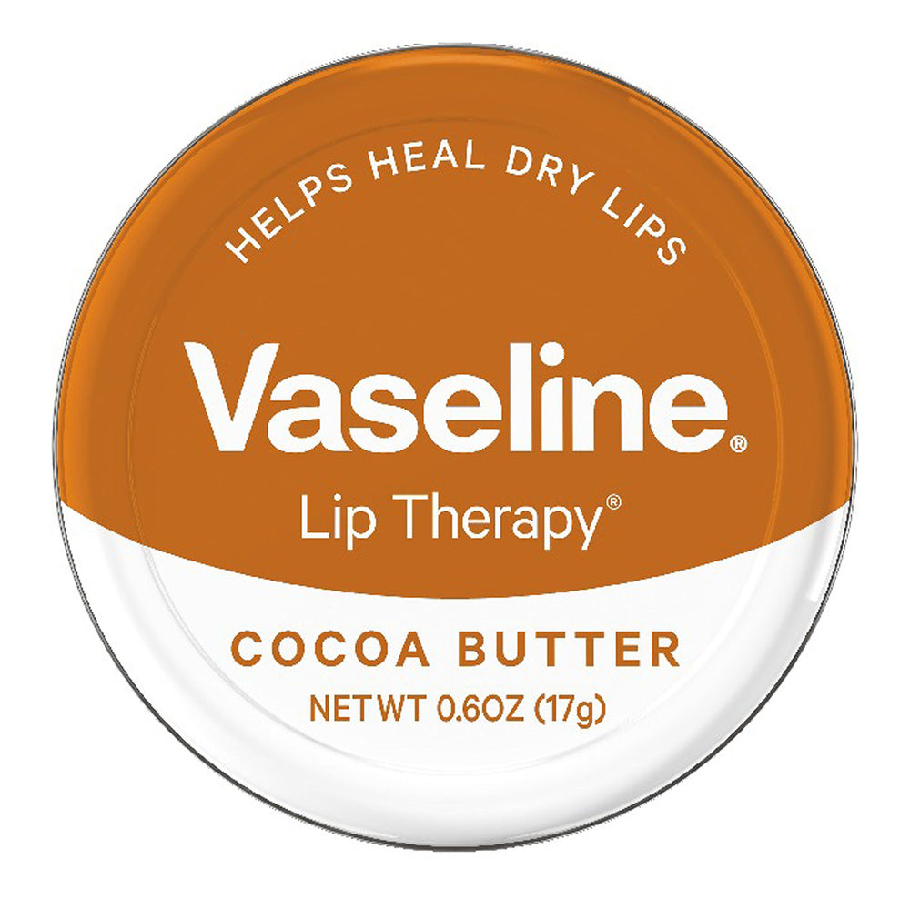 Vaseline Lip Therapy Cocoa Butter tin packshot highlighting deep moisturization for dry lips.