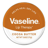 Vaseline Lip Therapy Cocoa Butter tin packshot highlighting deep moisturization for dry lips.