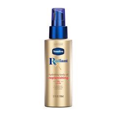 Vaseline Radiant X replenishing body oil bottle glows with deep hydration.