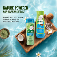 Vatika Naturals Coconut Shampoo and Conditioner duo on shelf with natural formula.