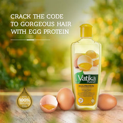 Vatika Naturals Egg Protein Hair Oil ingredients close-up highlights natural nourishment.