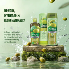 Vatika Naturals Olive Hair Oil pump emphasizing shine and hydration