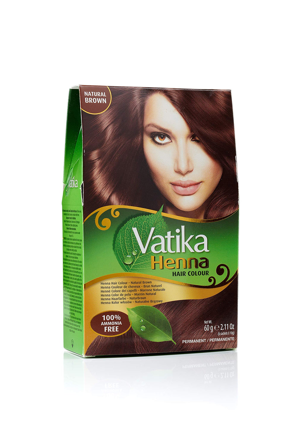 Vatika Naturals permanent dye bottle shows natural brown shade with grey coverage.