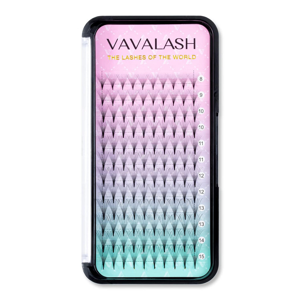 VAVALASH middle-stem premade fans 10D-0.07-C 8-15mm tray closeup for volume lashes.
