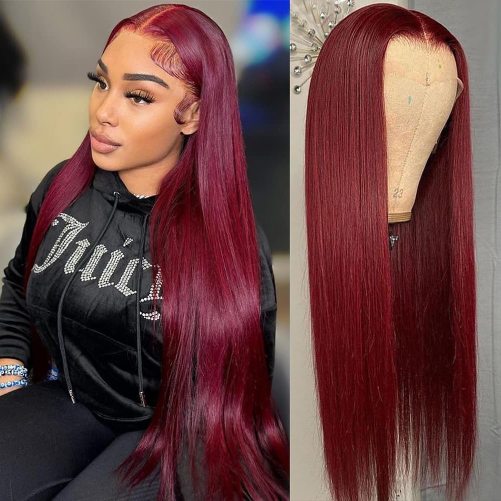 Veally 99j burgundy lace front wig close-up with natural hairline and silky texture.