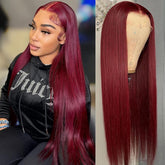 Veally 99j burgundy lace front wig close-up with natural hairline and silky texture.