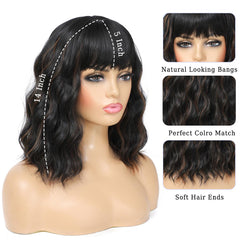 Veally black mixed brown wig close-up bangs showing natural texture.