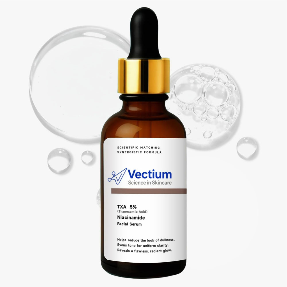 Vectium tranexamic acid serum bottle promotes a brightening, lightweight daily routine.
