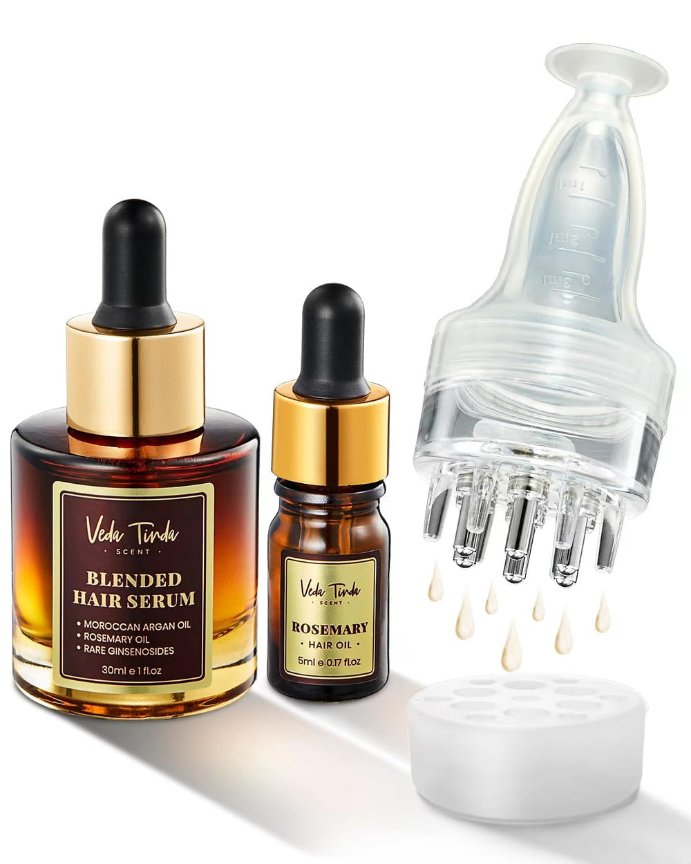 VEDA TINDA SCENT hair serum bottle supports a healthier scalp and potential fullness.