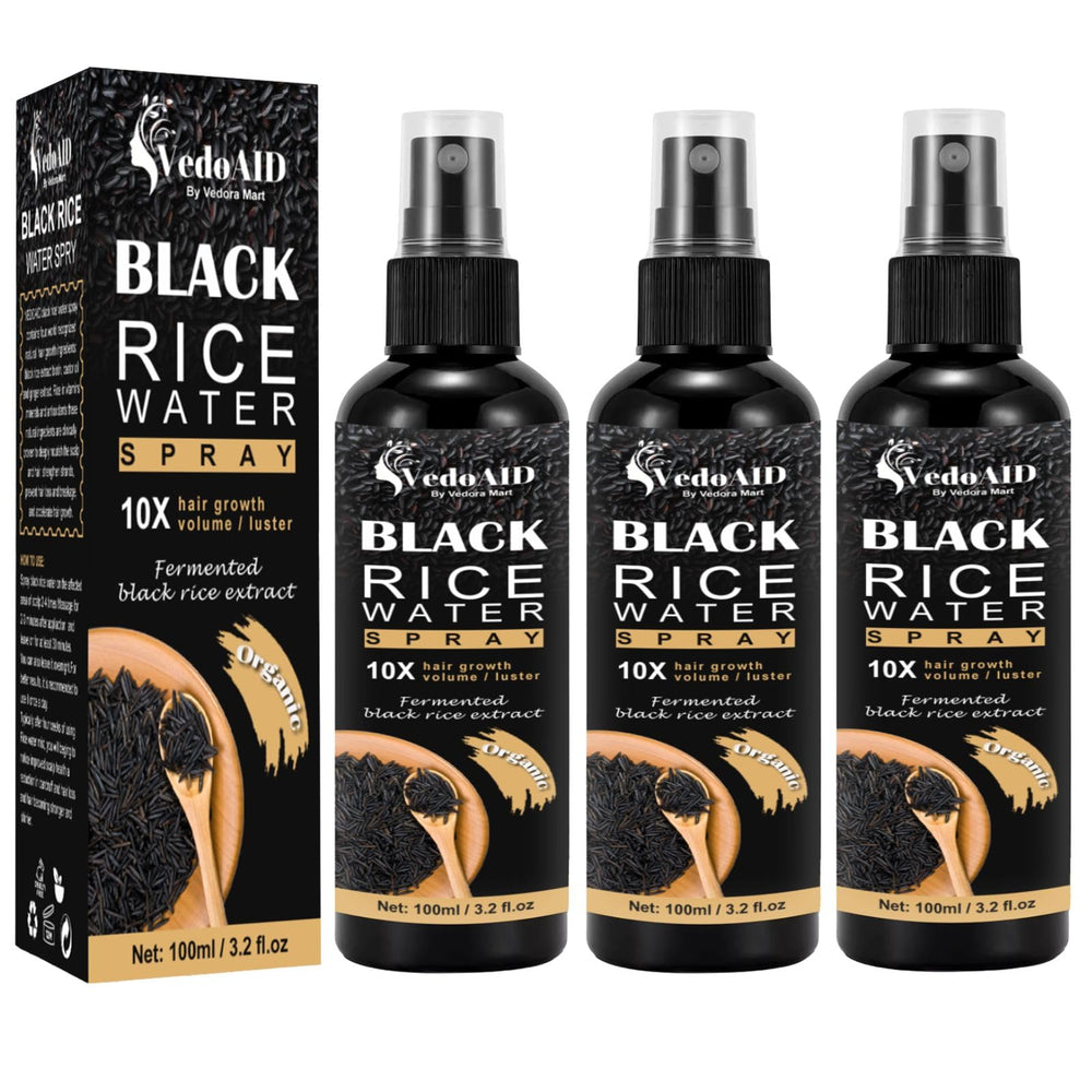 VedoAID Black Rice Water Spray bottle for hair growth and scalp nourishment.