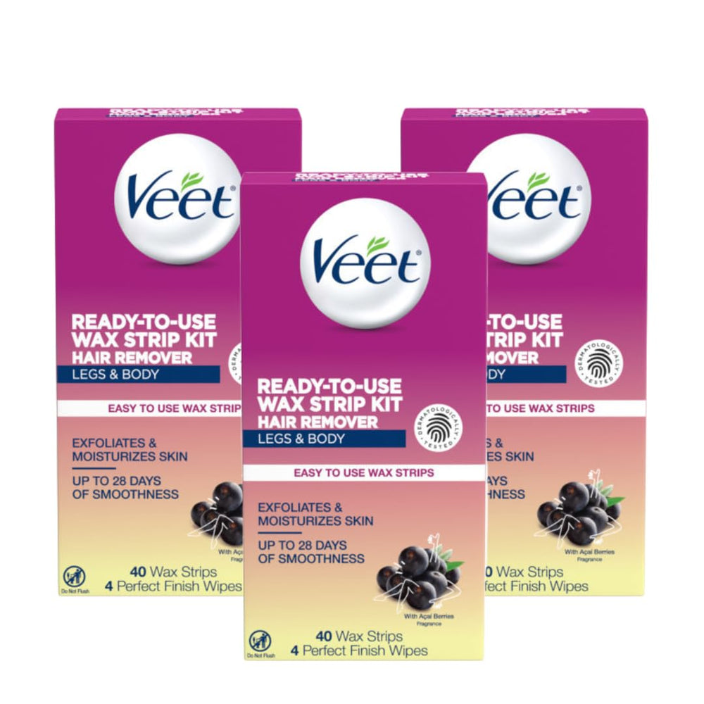 Veet cold wax strips close-up with 40 count in a 3-pack for quick, long-lasting smoothness.