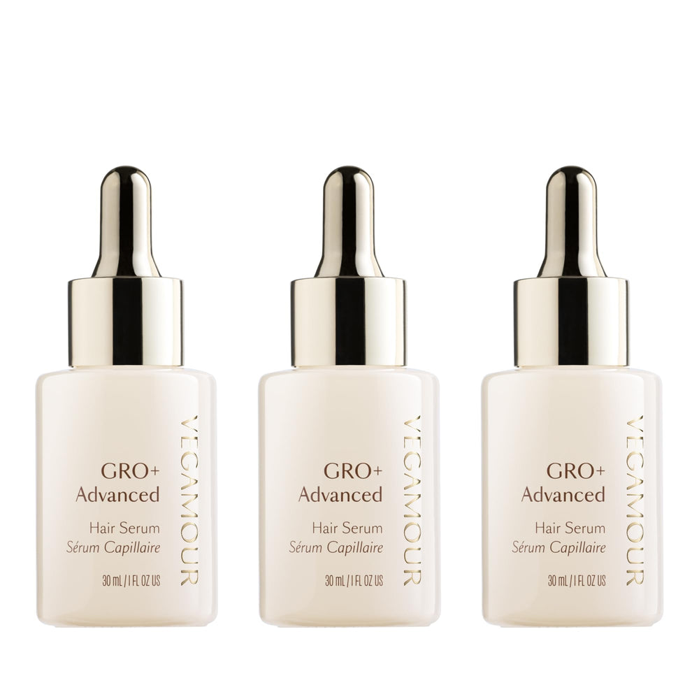 VEGAMOUR GRO+ Advanced Serum bottle shows a lightweight formula for scalp hydration.