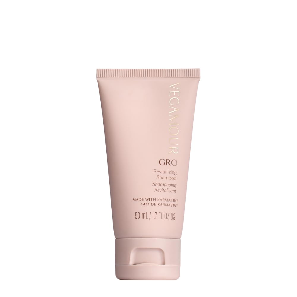 VEGAMOUR GRO Revitalizing Shampoo bottle closeup shows gentle cleansing for thinning hair