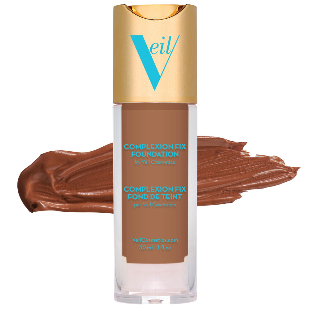 Veil Cosmetics Complexion Fix bottle displaying buildable coverage for a natural look
