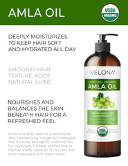 Velona Amla Oil pour demonstrates versatile use for scalp and hair nourishment.