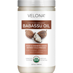 Velona Babassu Oil bottle front with label, clean and pure.