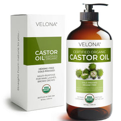 Velona castor oil glass bottle front highlights pure oil for daily hair and skin care.