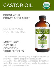 Velona castor oil liquid texture closeup shows rich, thick oil ideal for conditioning.