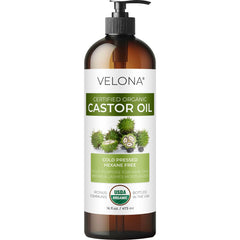 Velona castor oil pump bottle front for moisture and shine.