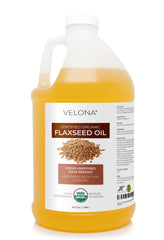 Velona flaxseed oil 64 oz bottle, pure and unrefined for skin and hair.