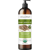 Velona hemp seed oil bottle being poured for a lightweight, skin-friendly base