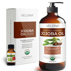 Velona Jojoba Oil 16oz glass bottle for daily hydration and easy application.