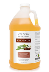 Velona Jojoba Oil bottle 1 gallon showcasing pure, natural oil for face and body care.