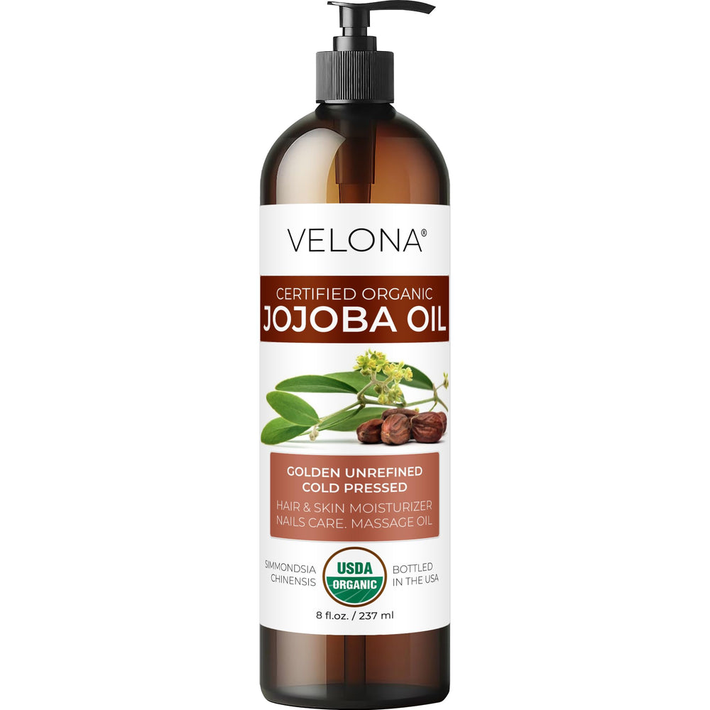 Velona Jojoba Oil bottle with pump for daily facial hydration and body care