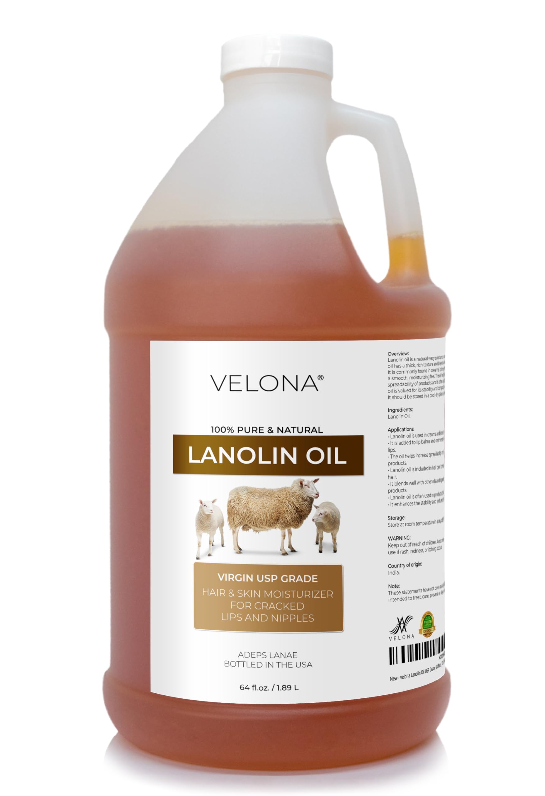 Velona Lanolin Oil 64-ounce bottle for deep hydration and skin barrier support.