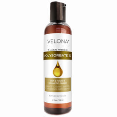 Velona Polysorbate 20 bottle front view; solubilizer for cosmetics and cooking.