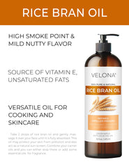Pouring Velona Rice Bran Oil, a lightweight carrier for everyday meals.