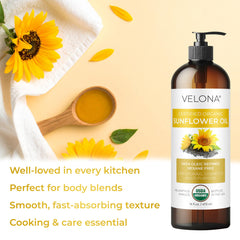 Velona Sunflower Oil massaged into skin for gentle moisturization.