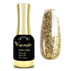 VENALISA gold glitter nail polish bottle with gold cap for at-home luxury manicure.