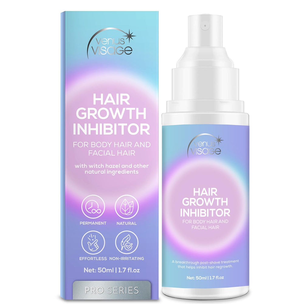 VENUS VISAGE hair inhibitor bottle front shows sleek design for post-wax touchups