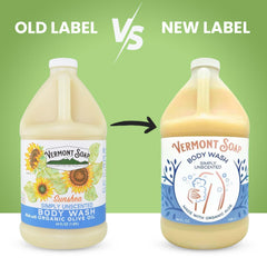 Vermont Soap body wash bottle pour shows easy dispensing and fragrance-free formula.