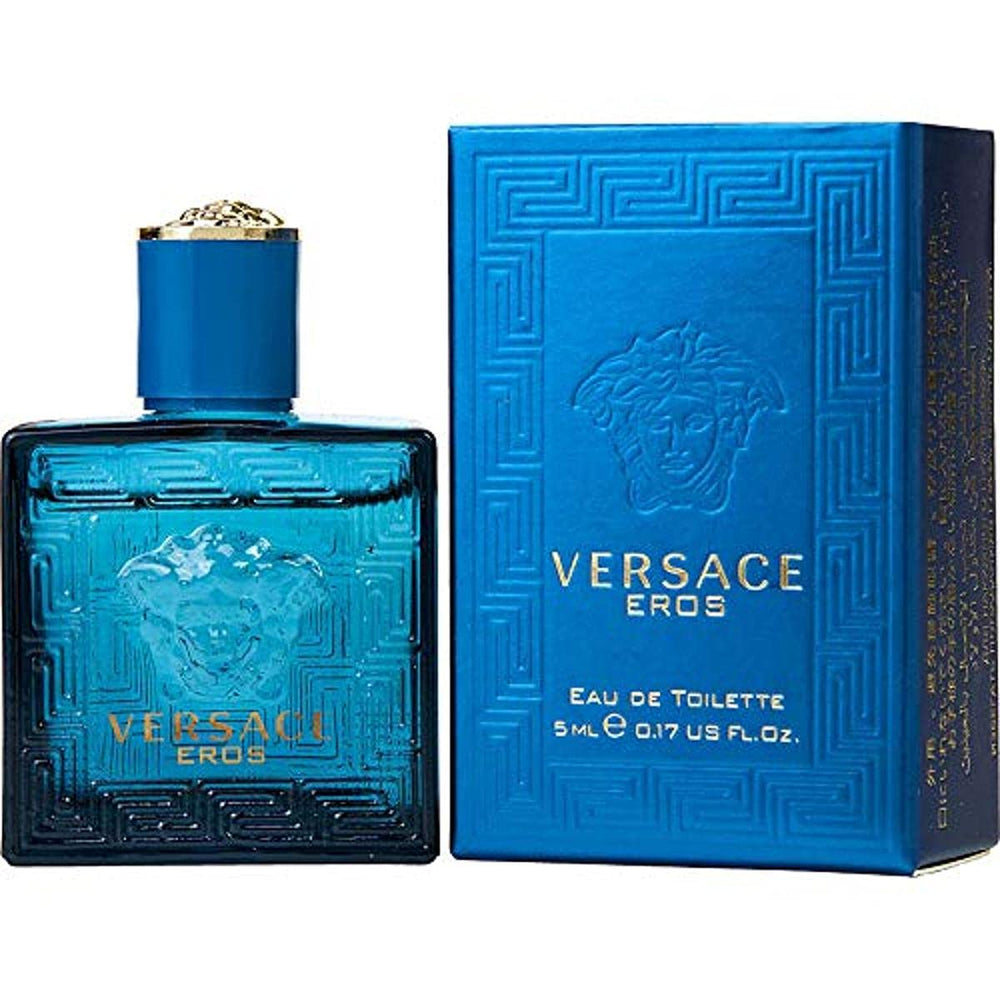 Versace Eros mini EDT bottle with cap, travel-friendly packaging.
