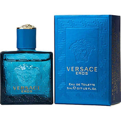 Versace Eros mini EDT bottle with cap, travel-friendly packaging.
