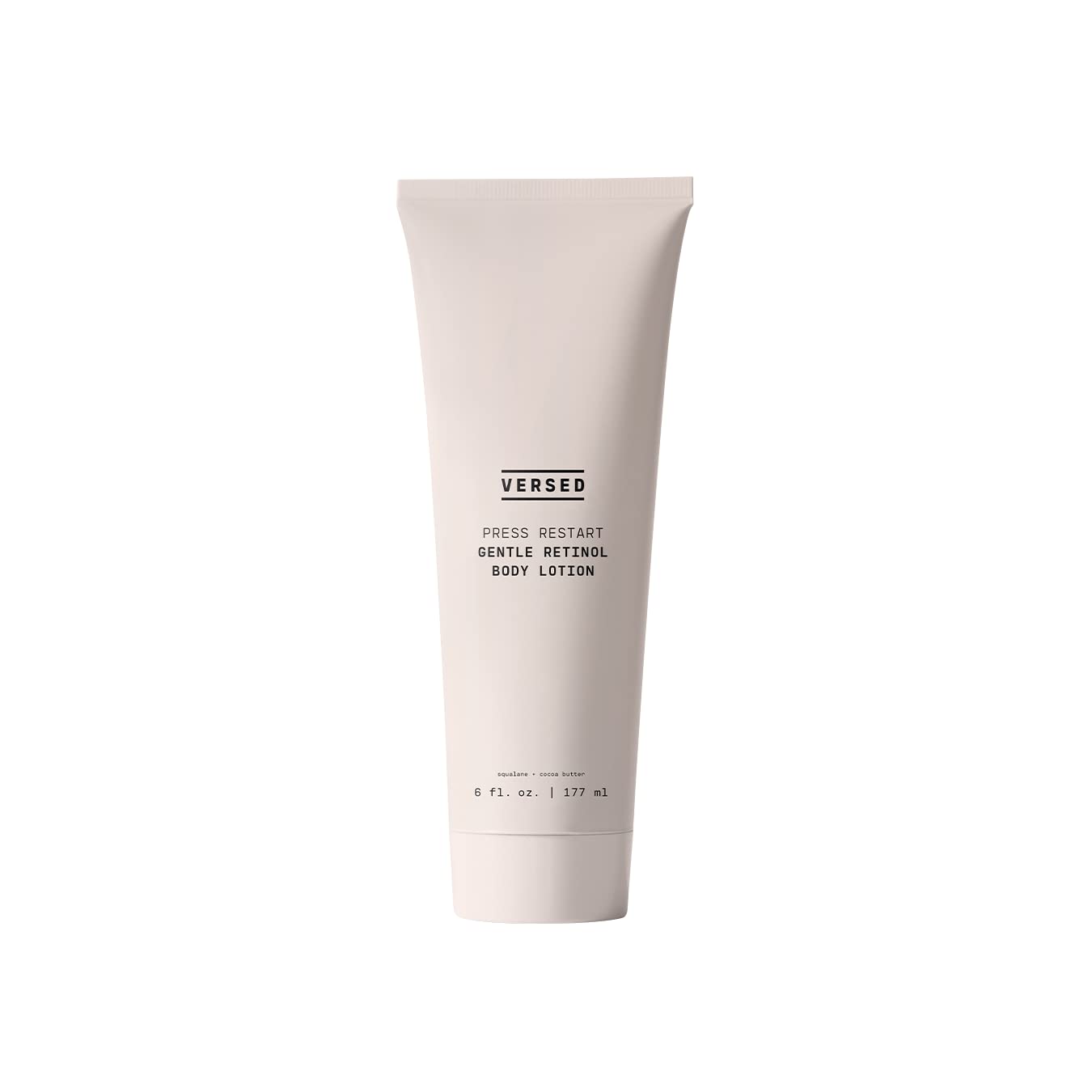 Versed Press Restart Retinol Body Lotion bottle offers lightweight hydration with firming potential.