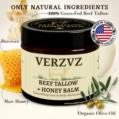 VERZVZ ingredients with organic honey, beeswax, and grass-fed beef tallow.