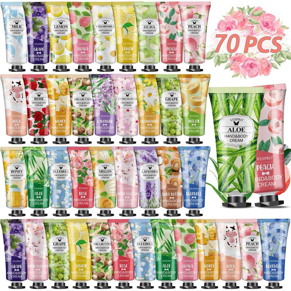 VESPRO 70-pack hand cream set packaging shows a gift-ready bundle for celebrations.