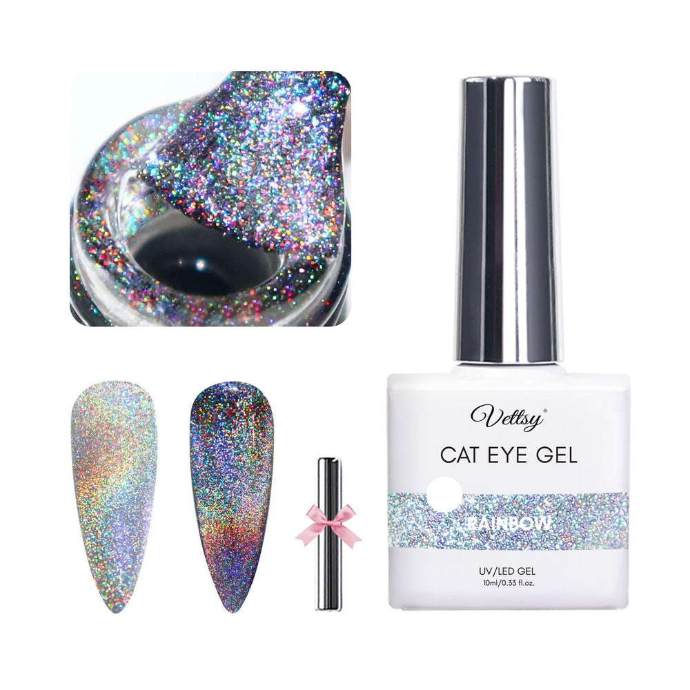 Vettsy rainbow cat eye gel polish shows magnetic shimmer on swatch.