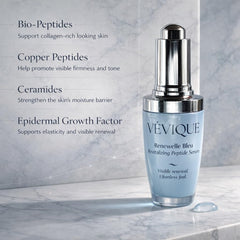 VÉVIQUE Renewelle Bleu Serum dropper close-up highlights copper peptides for firming.