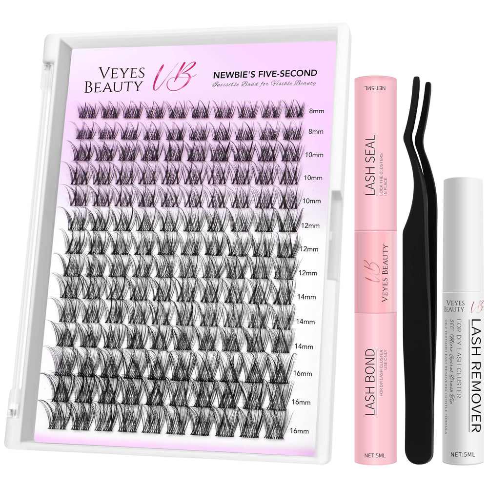 VEYESBEAUTY lash clusters kit tray with wispy lashes for quick DIY enhancement.
