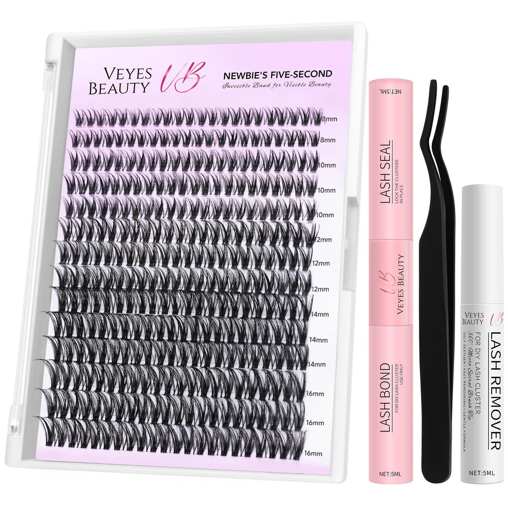 VEYESBEAUTY Ribbon Cluster Lashes Kit close-up—lightweight clusters for quick, comfortable DIY lash looks.