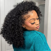 VFFTI kinky curly half wig 18-inch on head with natural blend and volume.