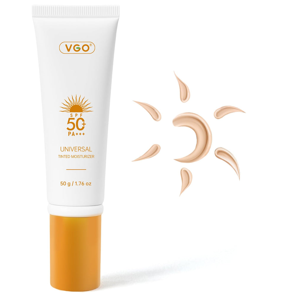 VGO tinted sunscreen face bottle shows oil-free SPF 50 protection.
